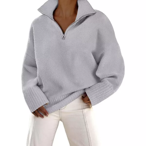 imageANRABESS Womens Half Zip V Neck Oversized Sweater Fall 2023 Fuzzy Knit Chunky Warm Pullover SweatersLight Gray
