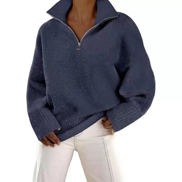 imageANRABESS Womens Half Zip V Neck Oversized Sweater Fall 2023 Fuzzy Knit Chunky Warm Pullover SweatersNavy Blue