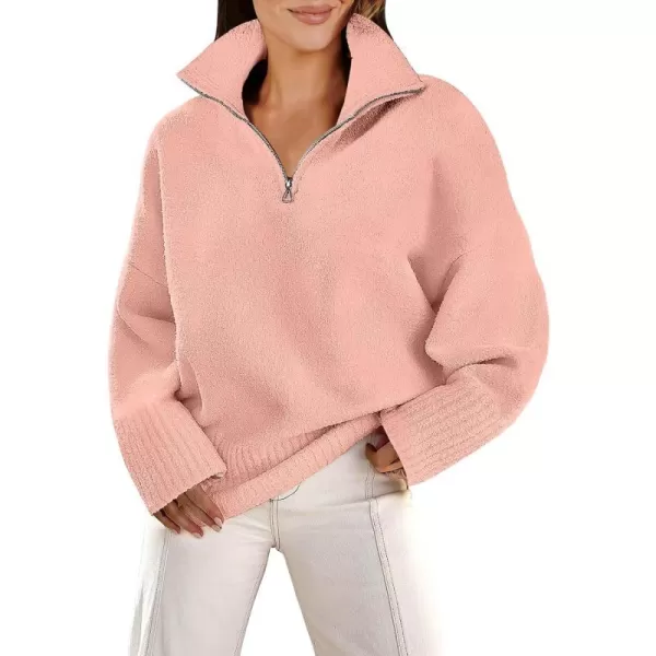 imageANRABESS Womens Half Zip V Neck Oversized Sweater Fall 2023 Fuzzy Knit Chunky Warm Pullover SweatersPink