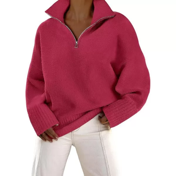 imageANRABESS Womens Half Zip V Neck Oversized Sweater Fall 2023 Fuzzy Knit Chunky Warm Pullover SweatersRed
