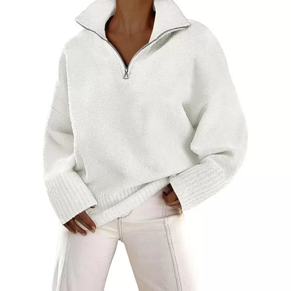imageANRABESS Womens Half Zip V Neck Oversized Sweater Fall 2023 Fuzzy Knit Chunky Warm Pullover SweatersWhite