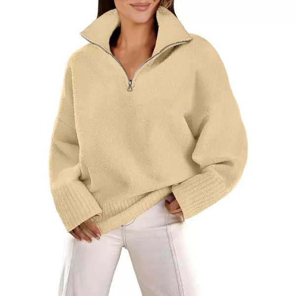 imageANRABESS Womens Half Zip V Neck Oversized Sweater Fall 2023 Fuzzy Knit Chunky Warm Pullover SweatersYellow