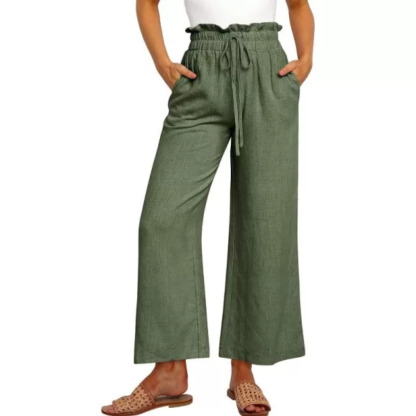 imageANRABESS Womens Linen Pants Casual Loose High Waist Drawstring Wide Leg Capri Palazzo Pants Trousers with PocketsArmy Green