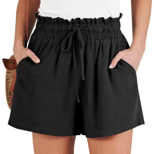 imageANRABESS Womens Linen Shorts Summer Casual High Waisted Drawstring Wide Leg Beach Lightweight Short with PocketsBlack