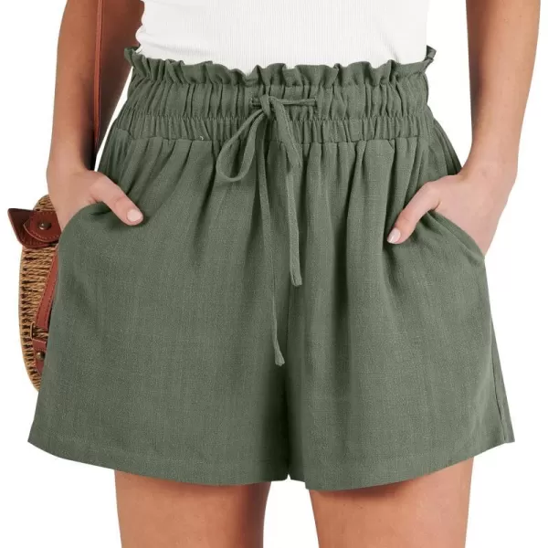 imageANRABESS Womens Linen Shorts Summer Casual High Waisted Drawstring Wide Leg Beach Lightweight Short with PocketsGreen