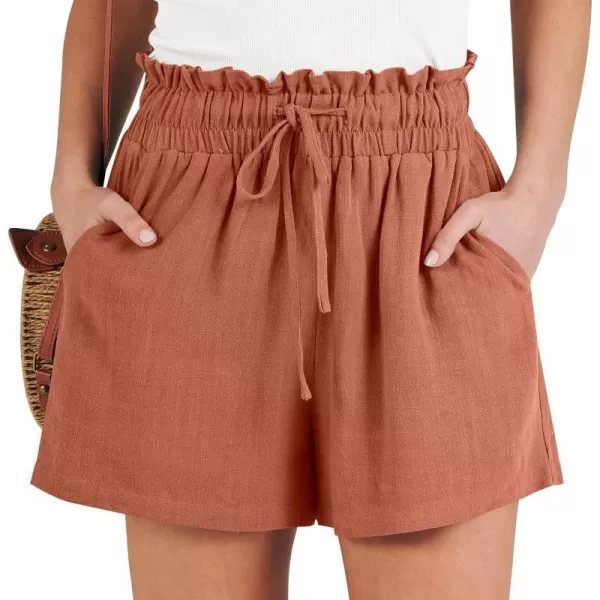 imageANRABESS Womens Linen Shorts Summer Casual High Waisted Drawstring Wide Leg Beach Lightweight Short with PocketsRust