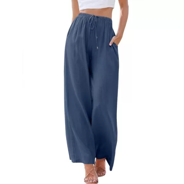imageANRABESS Womens Linen Summer Palazzo Pants Flowy Wide Leg Beach Casual Pant Trousers with PocketsDeep Blue