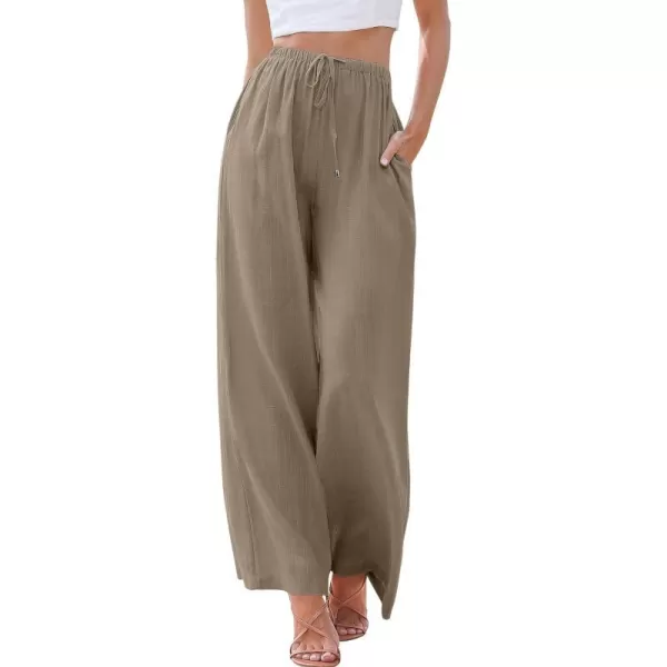 imageANRABESS Womens Linen Summer Palazzo Pants Flowy Wide Leg Beach Casual Pant Trousers with PocketsLight Brown
