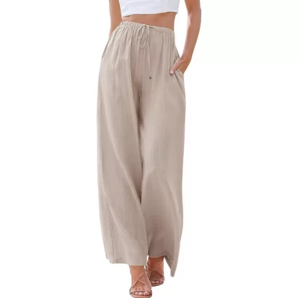 imageANRABESS Womens Linen Summer Palazzo Pants Flowy Wide Leg Beach Casual Pant Trousers with PocketsLight Khaki