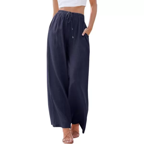 imageANRABESS Womens Linen Summer Palazzo Pants Flowy Wide Leg Beach Casual Pant Trousers with PocketsNavy Blue