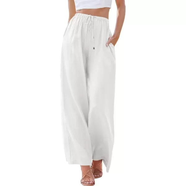 imageANRABESS Womens Linen Summer Palazzo Pants Flowy Wide Leg Beach Casual Pant Trousers with PocketsWhite