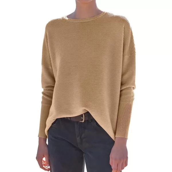 imageANRABESS Womens Long Batwing Sleeve Crewneck Casual Loose Ribbed Knit Fall Sweater Pullover with SplitKhaki