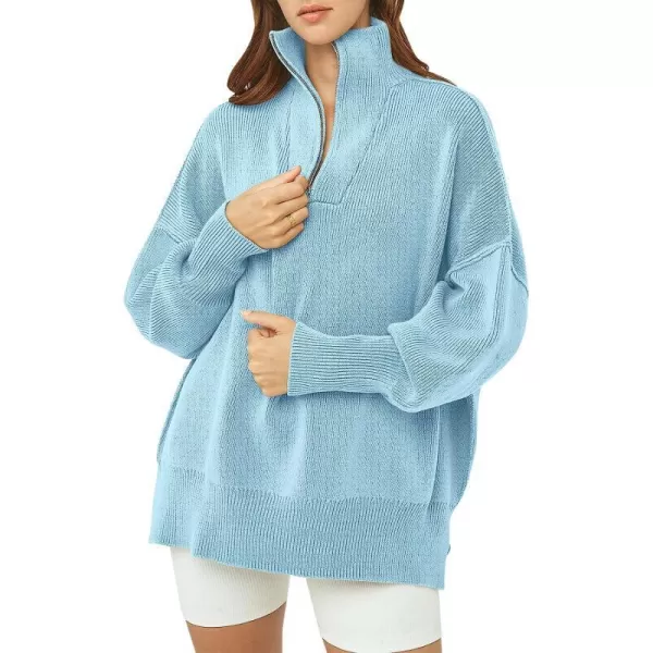imageANRABESS Womens Long Sleeve 14 Zipper Collar Drop Shoulder Oversized Slouchy Sweatshirt Pullover Sweater with SlitLight Blue