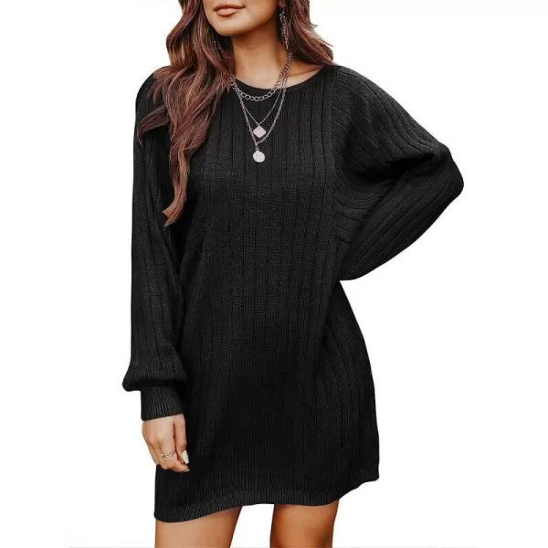 imageANRABESS Womens Long Sleeve Crewneck Cozy Warm Ribbed Knit Casual Loose Oversized Mini Sweater DressBlack