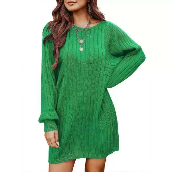 imageANRABESS Womens Long Sleeve Crewneck Cozy Warm Ribbed Knit Casual Loose Oversized Mini Sweater DressDeep Green