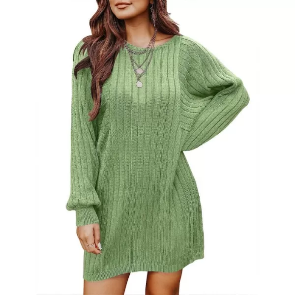 imageANRABESS Womens Long Sleeve Crewneck Cozy Warm Ribbed Knit Casual Loose Oversized Mini Sweater DressLight Green