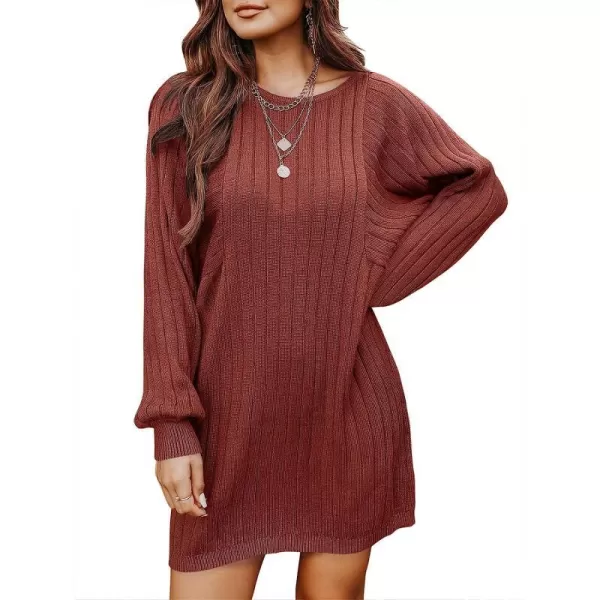 imageANRABESS Womens Long Sleeve Crewneck Cozy Warm Ribbed Knit Casual Loose Oversized Mini Sweater DressRust