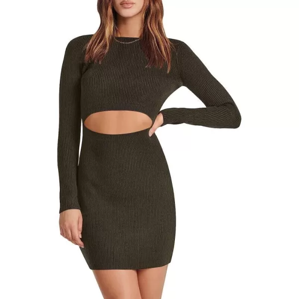 imageANRABESS Womens Long Sleeve Crewneck Cutout Sweater Dress Ribbed Knit Slim Fit Bodycon Mini DressCoffee