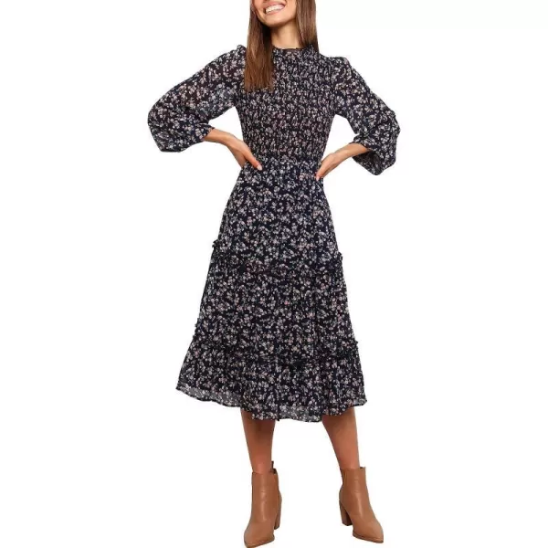 imageANRABESS Womens Long Sleeve Crewneck Smocked Boho Dress ALine Ruffle Frill Tiered Swing Midi DressFloral 03