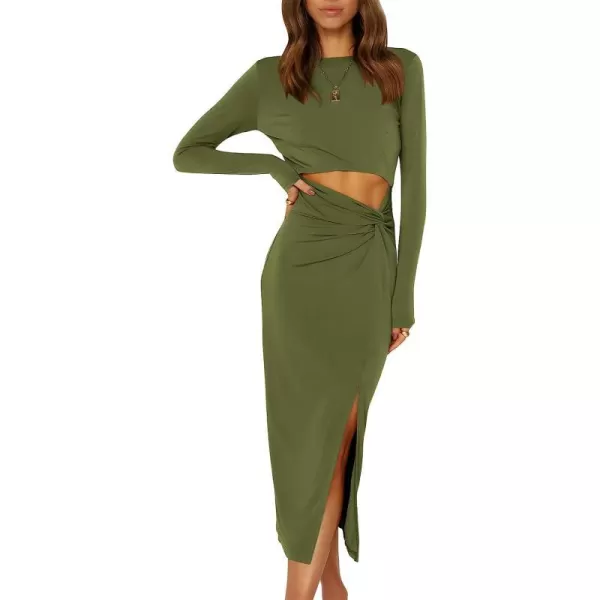 imageANRABESS Womens Long Sleeve Crewnenk Twist Cutout High Waist Elegant Formal Slim Fit Slit Midi DressArmy Green
