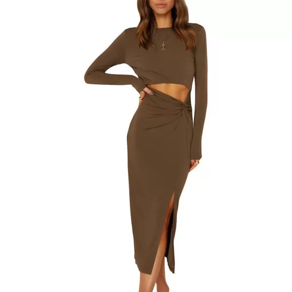 imageANRABESS Womens Long Sleeve Crewnenk Twist Cutout High Waist Elegant Formal Slim Fit Slit Midi DressCoffee