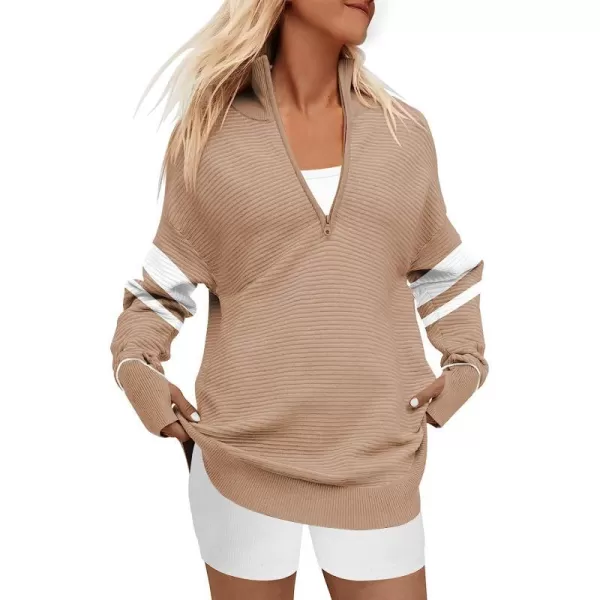 imageANRABESS Womens Long Sleeve Half Zip V Neck Collared Casual Oversized Ribbed Knit Pullover Sweater Thumb HoleStripebeige