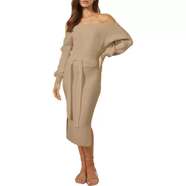 imageANRABESS Womens Long Sleeve Off Shoulder Waist Belt Slim Fit Ribbed Knitted Cozy Slit Midi Sweater DressKhaki
