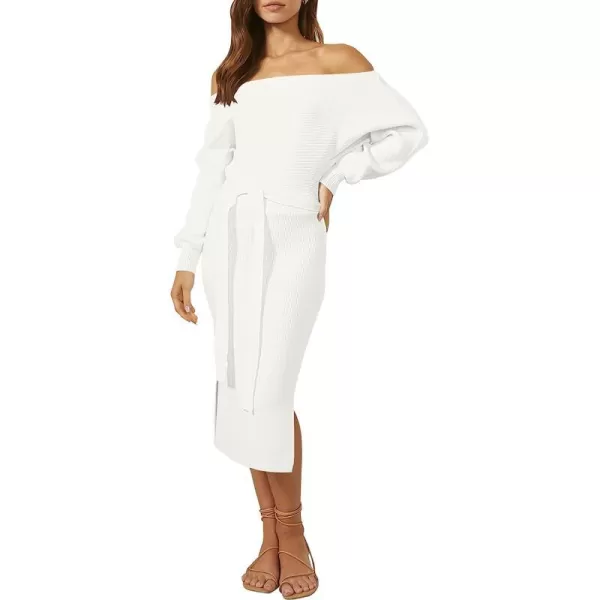 imageANRABESS Womens Long Sleeve Off Shoulder Waist Belt Slim Fit Ribbed Knitted Cozy Slit Midi Sweater DressWhite
