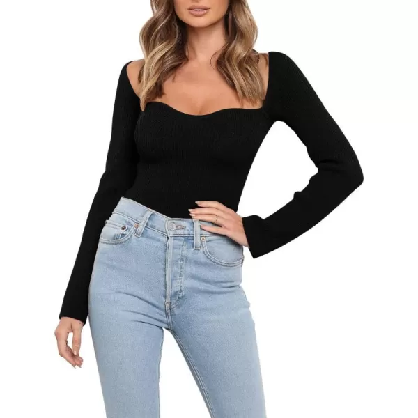 imageANRABESS Womens Long Sleeve Sweetheart Neck Sweater Stretch Ribbed Knit Slim Fit Solid Crop Pullover TopsBlack