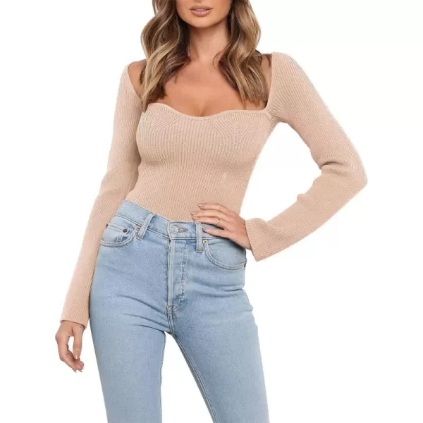 imageANRABESS Womens Long Sleeve Sweetheart Neck Sweater Stretch Ribbed Knit Slim Fit Solid Crop Pullover TopsPink