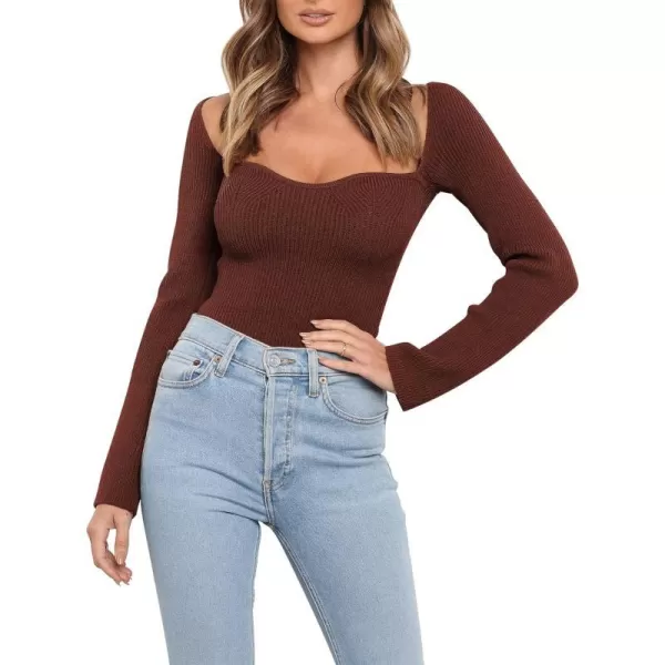 imageANRABESS Womens Long Sleeve Sweetheart Neck Sweater Stretch Ribbed Knit Slim Fit Solid Crop Pullover TopsRust