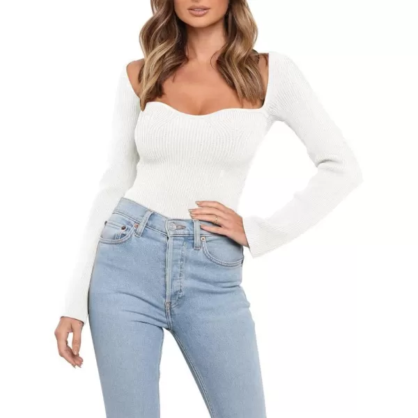 imageANRABESS Womens Long Sleeve Sweetheart Neck Sweater Stretch Ribbed Knit Slim Fit Solid Crop Pullover TopsWhite