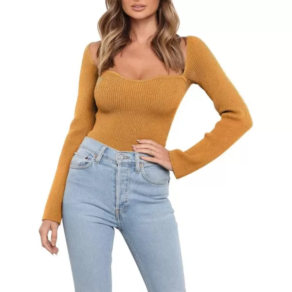 imageANRABESS Womens Long Sleeve Sweetheart Neck Sweater Stretch Ribbed Knit Slim Fit Solid Crop Pullover TopsYellow