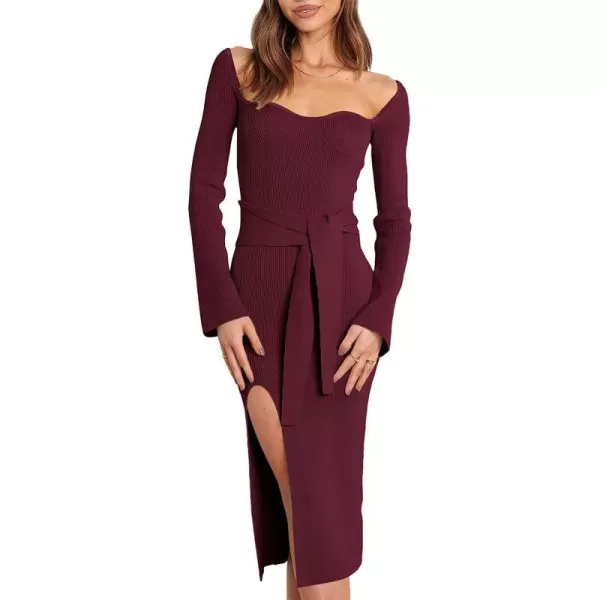 imageANRABESS Womens Long Sleeve Sweetheart Neck Tie Waist Slit Side Knit Bodycon Midi Sweater DressWind Red