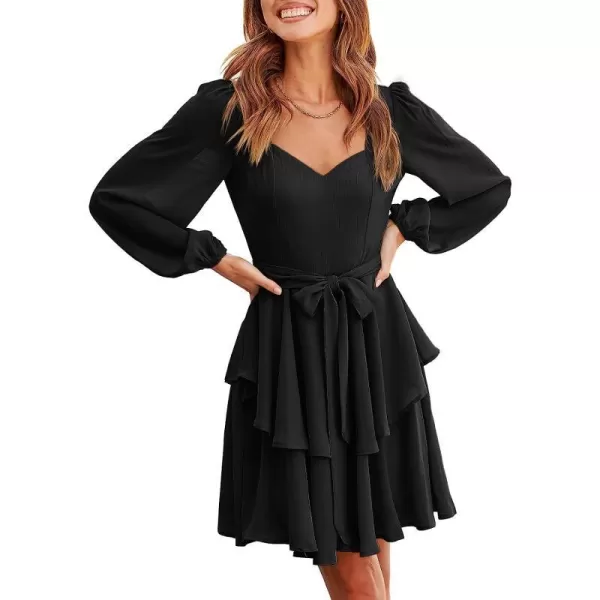 imageANRABESS Womens Long Sleeve Sweetheart Neck Waist Tie Doulbe Layer Ruffle Mini Dress Flowy Tiered Short DressBlack