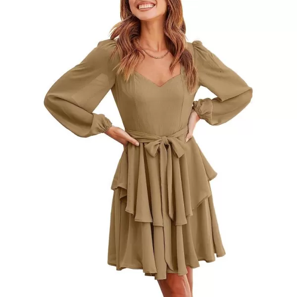 imageANRABESS Womens Long Sleeve Sweetheart Neck Waist Tie Doulbe Layer Ruffle Mini Dress Flowy Tiered Short DressKhaki
