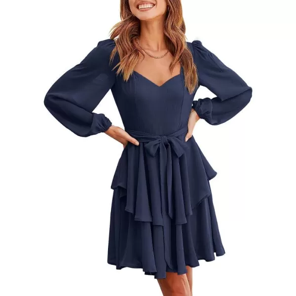 imageANRABESS Womens Long Sleeve Sweetheart Neck Waist Tie Doulbe Layer Ruffle Mini Dress Flowy Tiered Short DressNavy Blue