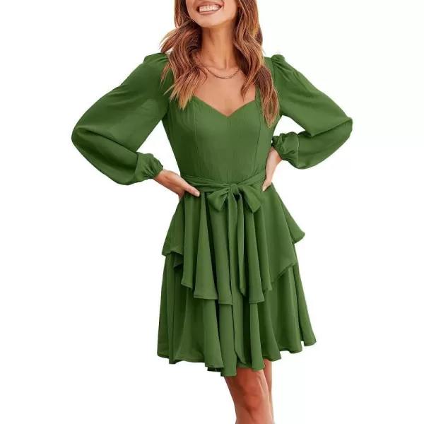 imageANRABESS Womens Long Sleeve Sweetheart Neck Waist Tie Doulbe Layer Ruffle Mini Dress Flowy Tiered Short DressOrange