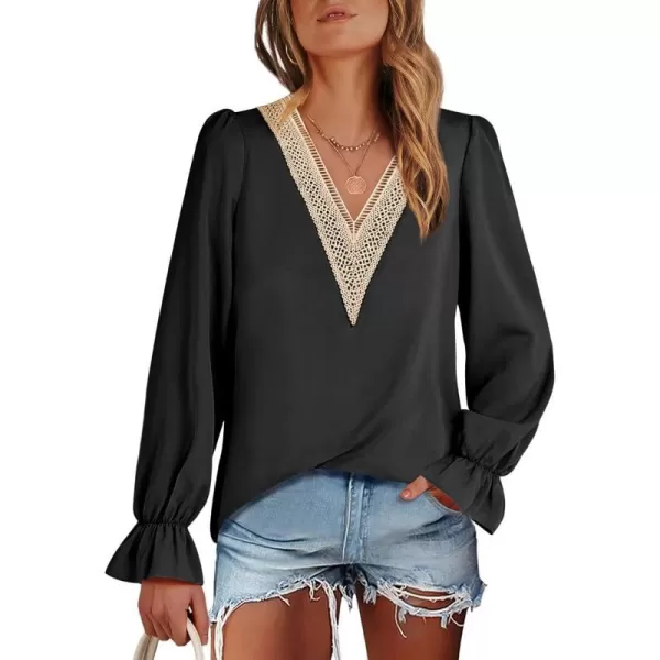 imageANRABESS Womens Long Sleeve Tops Dressy Casual Loose Lace Trim V Neck Boho Blouse Shirt Fall Fashion 2023 Trendy ShirtsBlack