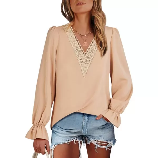imageANRABESS Womens Long Sleeve Tops Dressy Casual Loose Lace Trim V Neck Boho Blouse Shirt Fall Fashion 2023 Trendy ShirtsKhaki