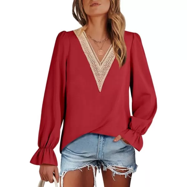 imageANRABESS Womens Long Sleeve Tops Dressy Casual Loose Lace Trim V Neck Boho Blouse Shirt Fall Fashion 2023 Trendy ShirtsRed