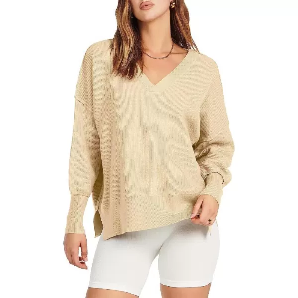imageANRABESS Womens Long Sleeve V Neck Hooded Drop Shoulder Oversized Slouchy Knit Pullover Sweater with SlitApricot
