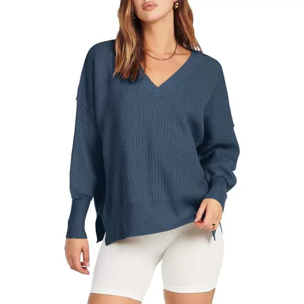imageANRABESS Womens Long Sleeve V Neck Hooded Drop Shoulder Oversized Slouchy Knit Pullover Sweater with SlitDusty Blue