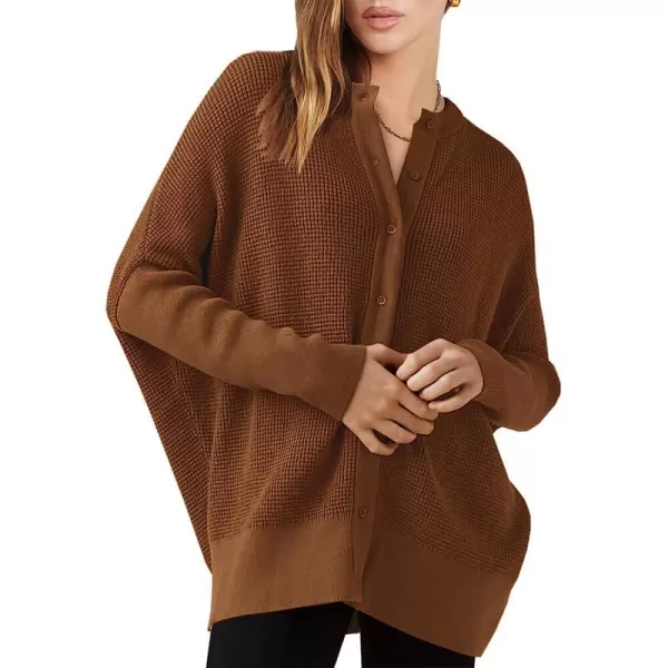 imageANRABESS Womens Long Sleeve Waffle Knit Sweater Button Down Open Front Casual Cardigan amp Detached TurtleneckBrown