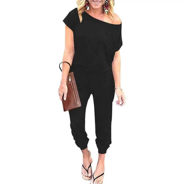 imageANRABESS Womens Loose Casual Off Shoulder Elastic Waist Stretchy Long Romper JumpsuitBlack
