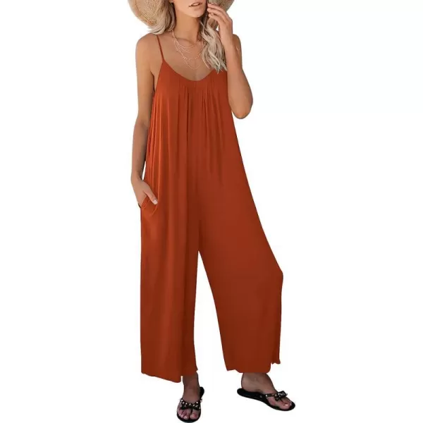 imageANRABESS Womens Loose Casual Sleeveless Adjustable Spaghetti Strap Jumpsuits Stretchy Wide Leg Rompers with PocketsRust