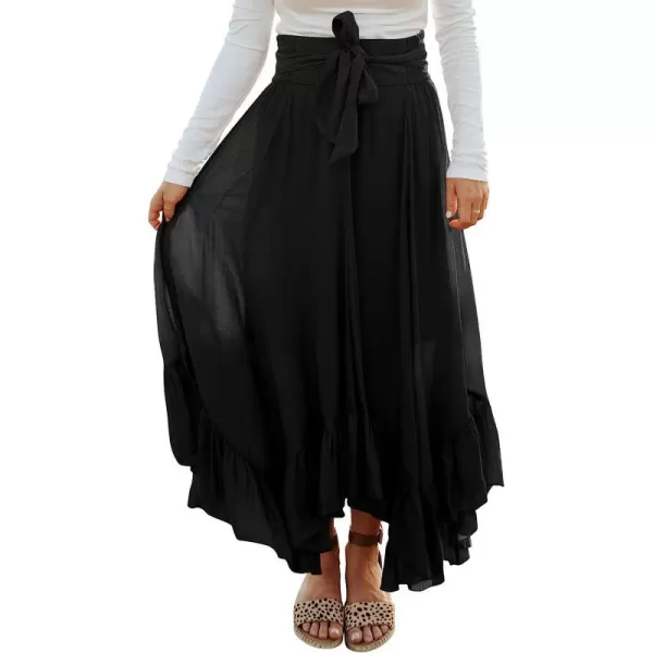 imageANRABESS Womens Maxi Skirt High Waist Tie Front Pleated Flowy Ruffle Asymmetric Long SkirtsBlack