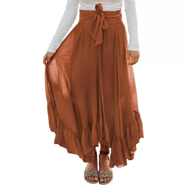 imageANRABESS Womens Maxi Skirt High Waist Tie Front Pleated Flowy Ruffle Asymmetric Long SkirtsCaramel