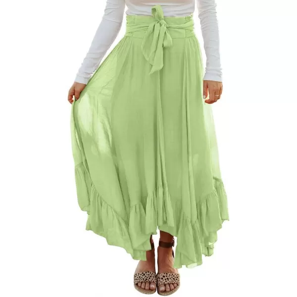 imageANRABESS Womens Maxi Skirt High Waist Tie Front Pleated Flowy Ruffle Asymmetric Long SkirtsGreen