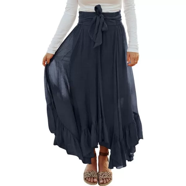 imageANRABESS Womens Maxi Skirt High Waist Tie Front Pleated Flowy Ruffle Asymmetric Long SkirtsNavy Blue